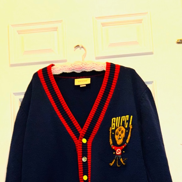 Vintage Authentic Gucci Alien Mascot Oversized Navy Blue Cardigan Mohair Cotton - Picture 7 of 12